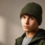 Men’s olive green knitted beanie hat for workwear, custom embroidered beanies and branded winter work clothing